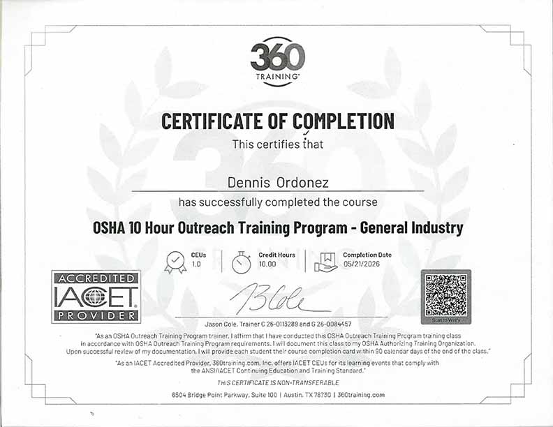 Dennis Ordonez OSHA License